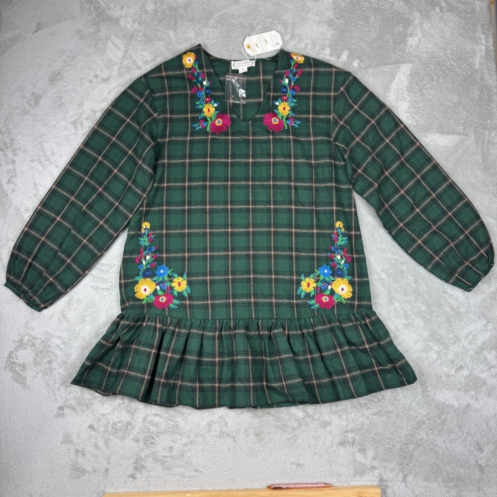 Loveriche Embroidered Plaid Ruffle Tunic Dress Womens Medium Green NEW